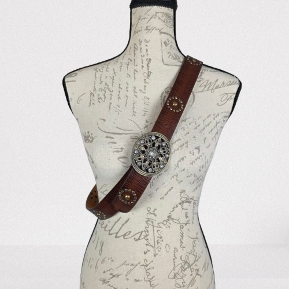 Ornate Pewter-Toned Belt Buckle with 44 Inch Studded Brown Belt